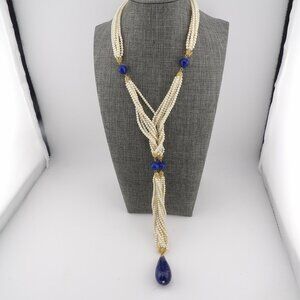 Vintage Multi Strand Pearl Lariat Necklace with Lapis Lazuli